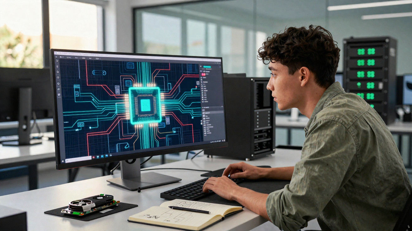 Young man working on a computer designing a digital circuit board in a modern office setting.