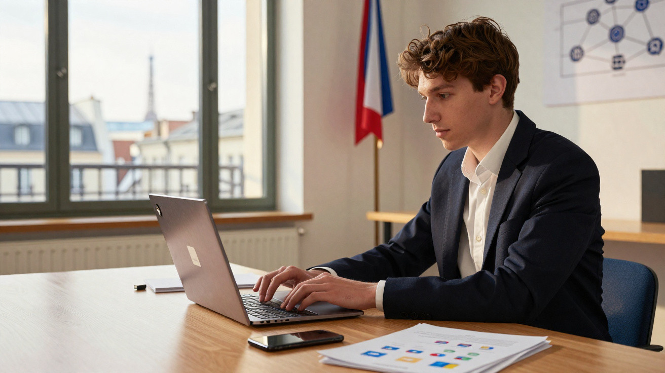 Young man in suit working on laptop at desk in office with French flag and city view in background.