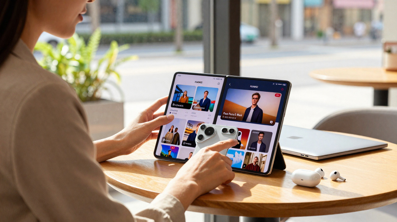 Person using a foldable tablet on a wooden table with wireless earbuds and a closed laptop nearby.