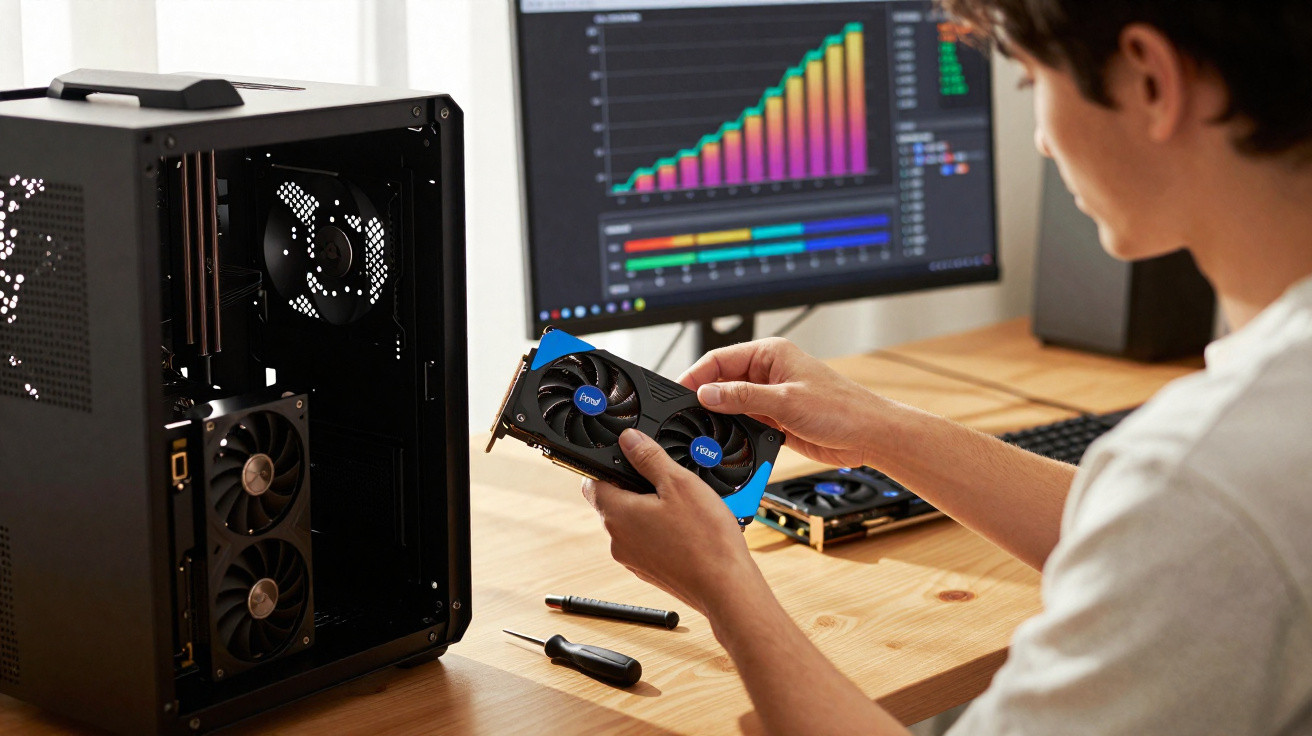 Person installing a graphics card into a desktop PC with a monitor showing colourful data charts in the background