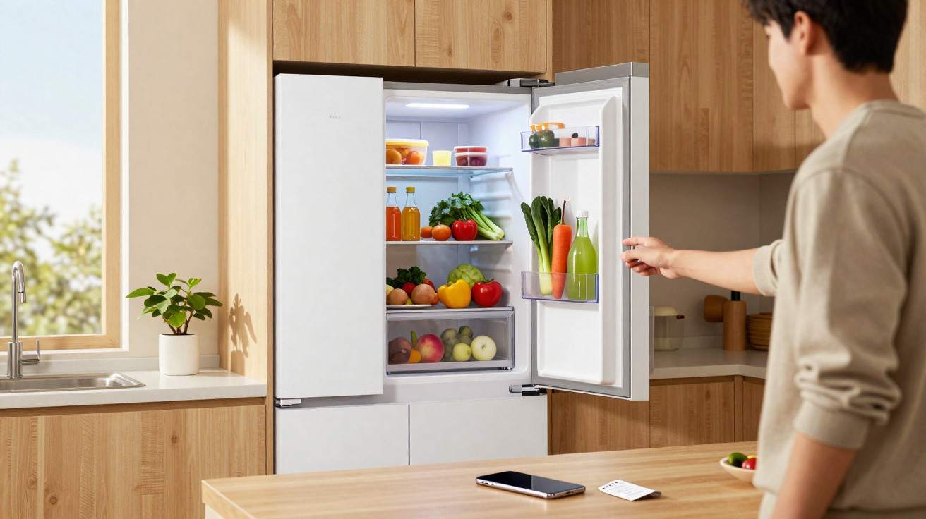 Person opening a fridge filled with fruits, vegetables, and drinks in a modern wooden kitchen.