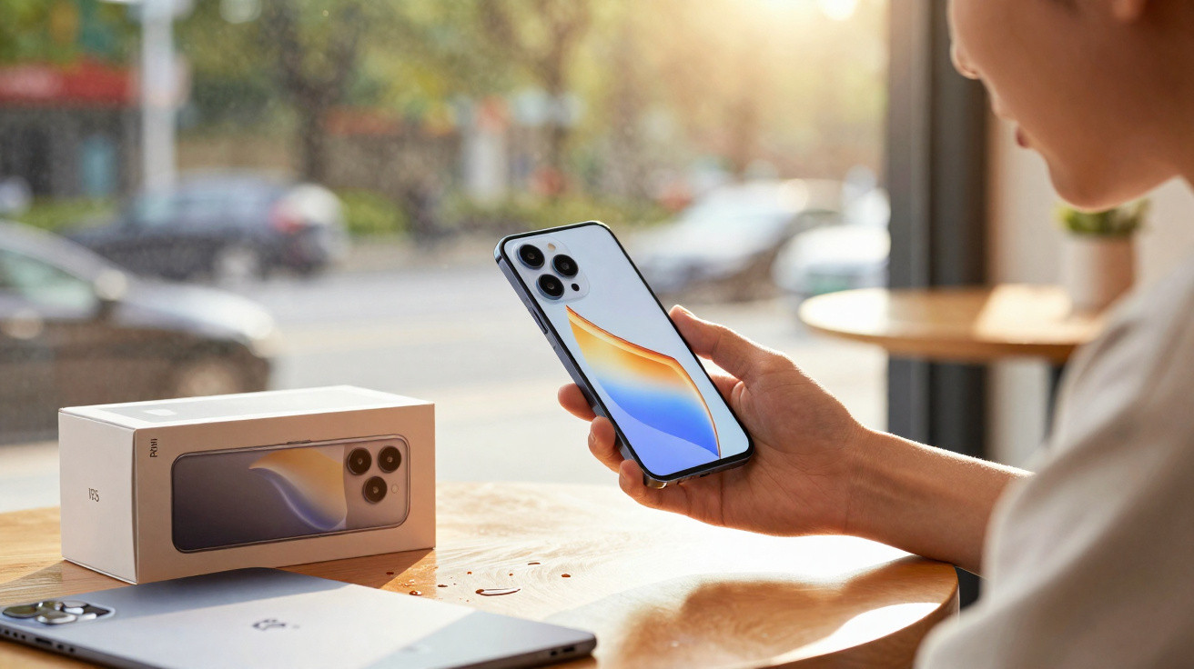Person holding a modern smartphone near its box on a wooden table by a window with outdoor view.