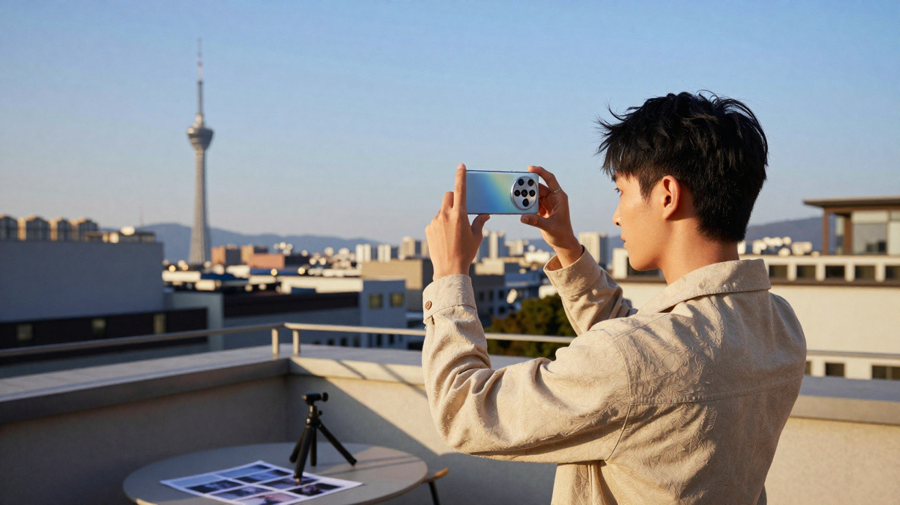 Young man taking a photo of a cityscape from a rooftop terrace in bright daylight.