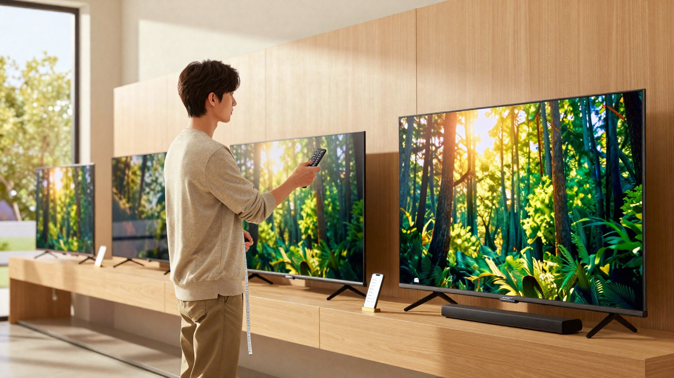 Person holding remote control standing in front of large TVs displaying a forest scene in a store.
