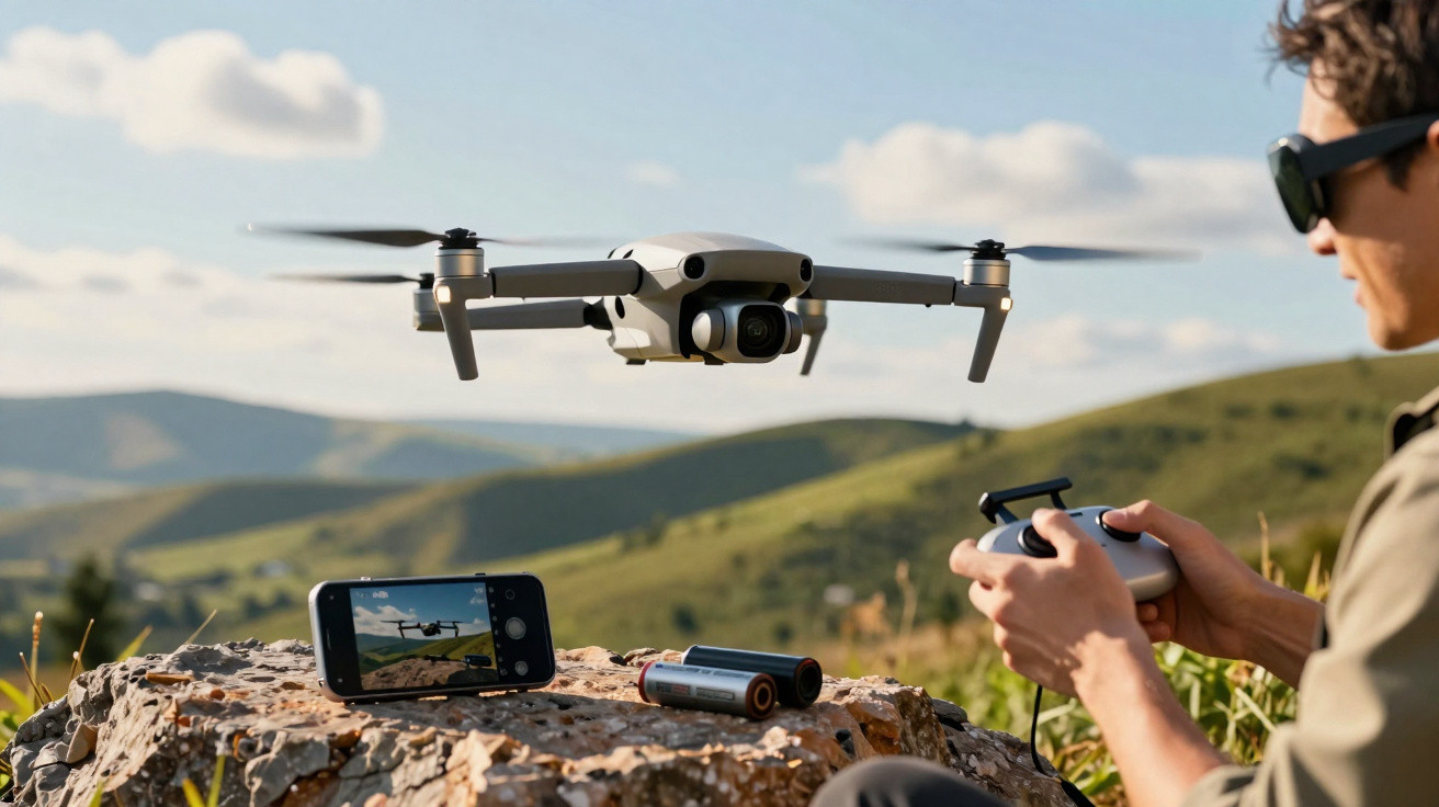 Person flying a drone outdoors with remote control, smartphone, and batteries on a rock in a scenic green landscape.
