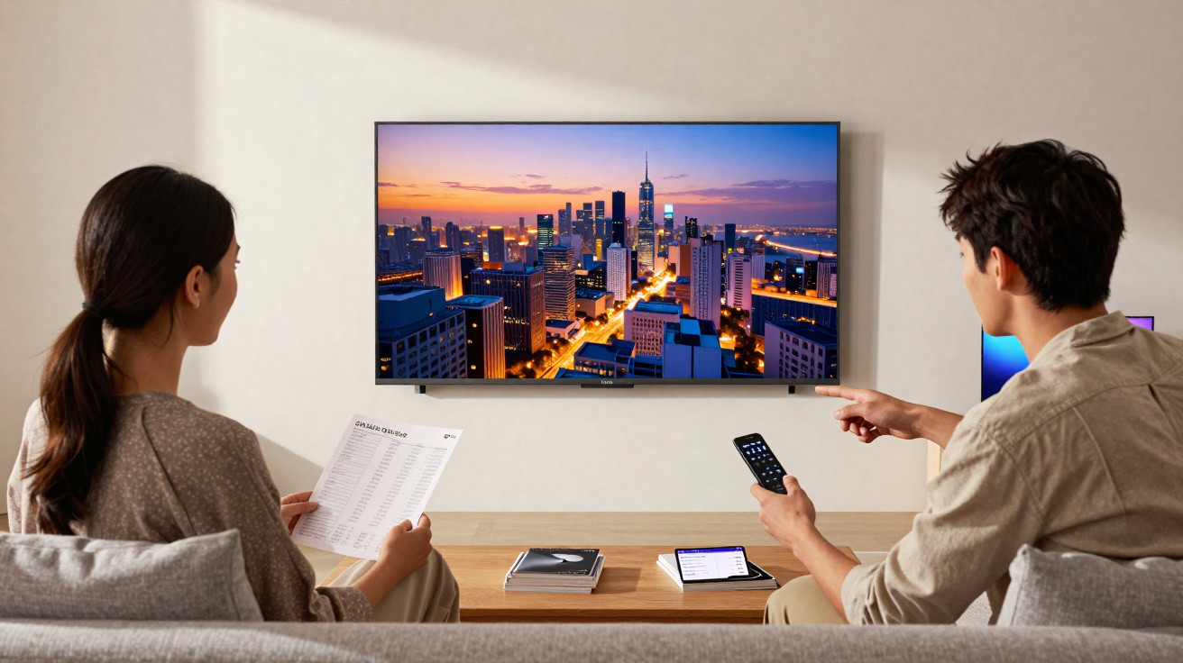 Two people sitting on a sofa watching a cityscape at sunset on a wall-mounted flat-screen TV.