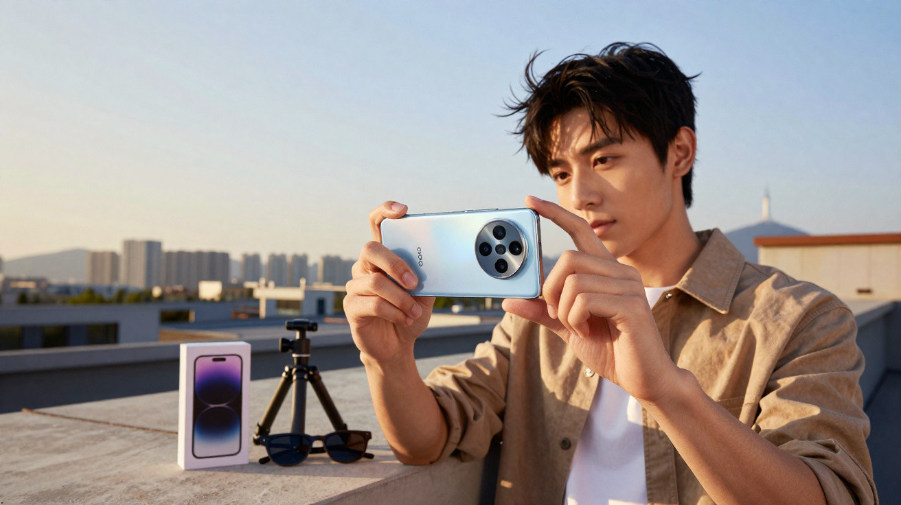 Young man photographing with a smartphone on a rooftop, with a phone box, tripod, and sunglasses nearby.