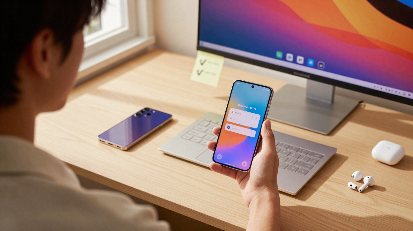 Person holding a smartphone with a notification screen, sitting at a wooden desk with a computer monitor and wireless earbuds