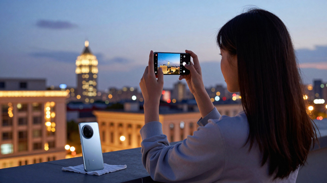 Woman taking a photo of a cityscape at dusk using a smartphone on a rooftop with buildings and lights in the background.