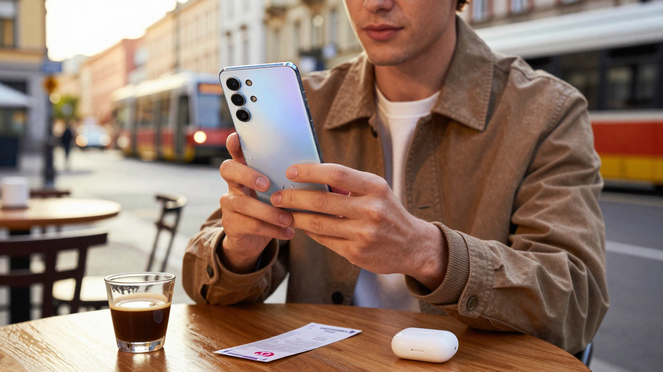 Man in brown jacket using smartphone at outdoor café table with espresso and earbuds case nearby