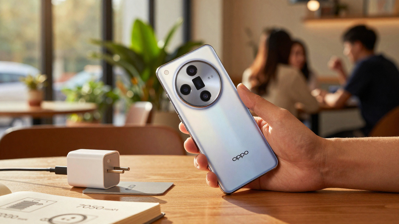 Hand holding a silver Oppo smartphone with triple camera on a wooden table next to a charger in a cafe.