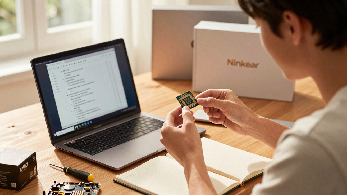 Person holding a computer processor chip at a desk with a laptop, motherboard, screwdriver, and notebook.
