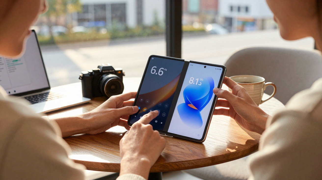 Two people comparing screen sizes on a foldable smartphone at a wooden table with a camera and laptop nearby.