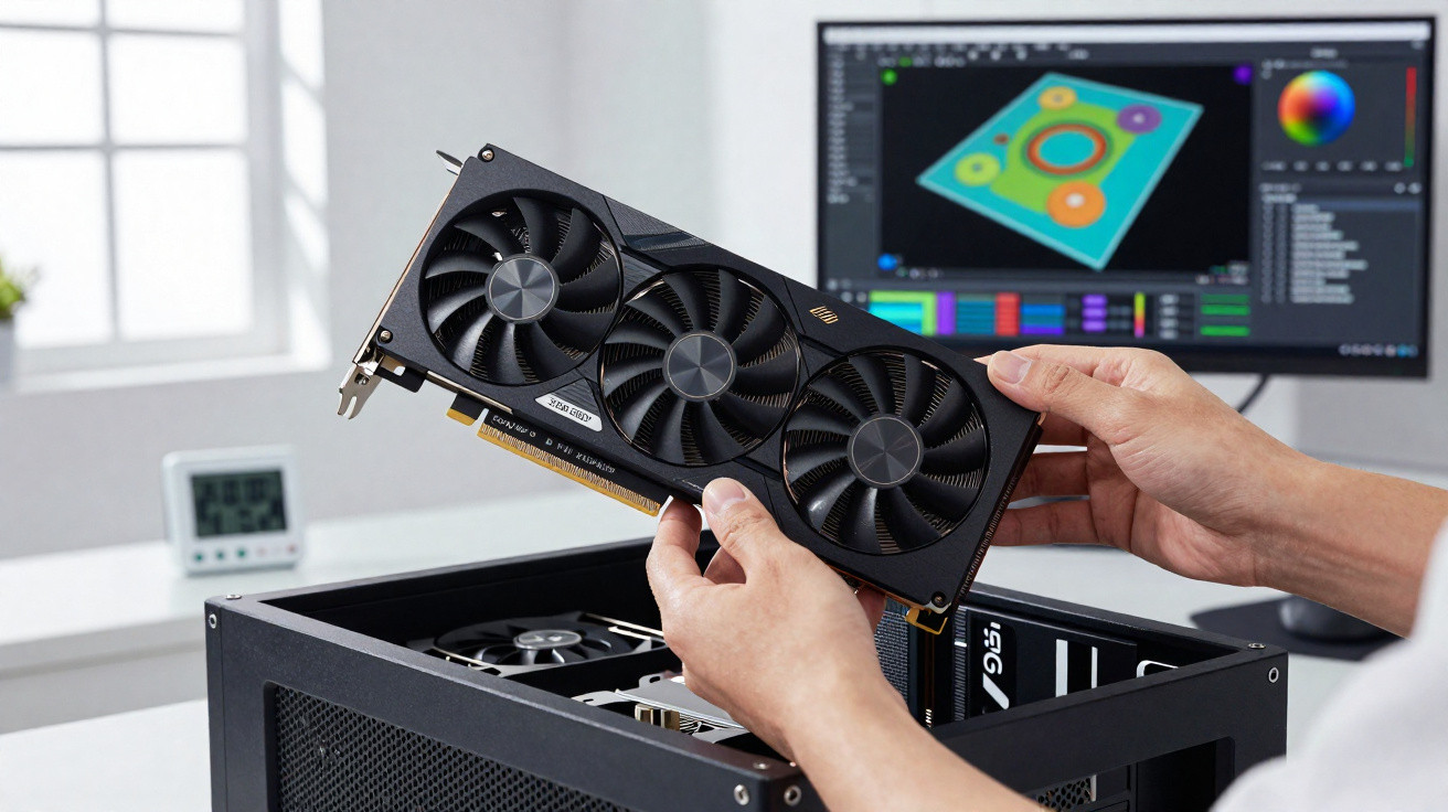Person installing a triple-fan graphics card into a computer case with a monitor displaying design software in the background