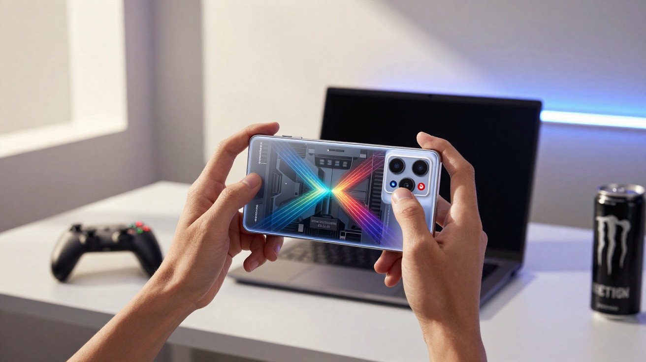 Hands holding a smartphone with a colourful design on the back, a laptop, game controller, and energy drink can on a desk.