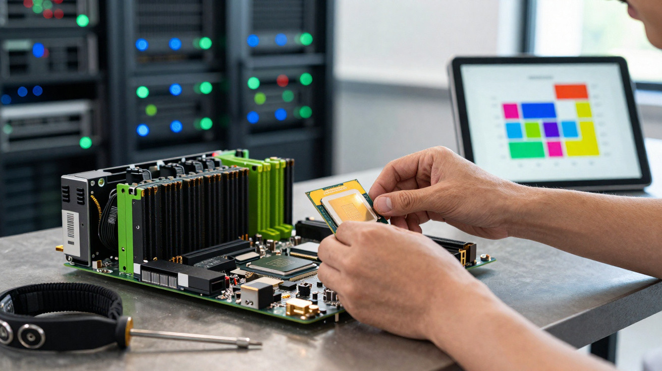 Hands installing a CPU onto a motherboard with a laptop and server racks in the background.