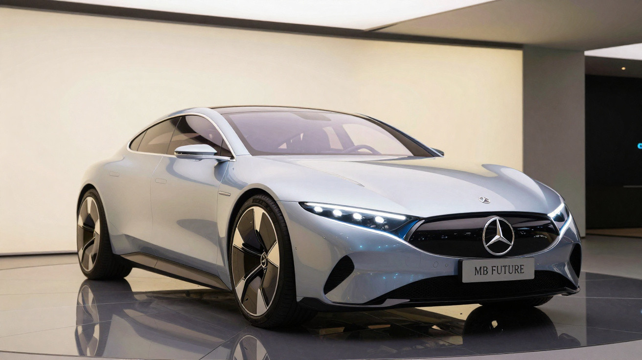 Silver Mercedes-Benz electric concept car displayed indoors with sleek aerodynamic design and illuminated headlights
