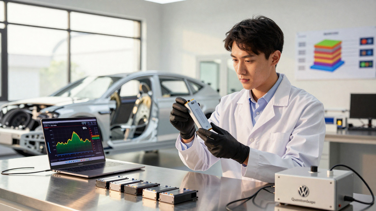 Scientist in lab coat testing batteries with laptop and car frame in a technology research lab.