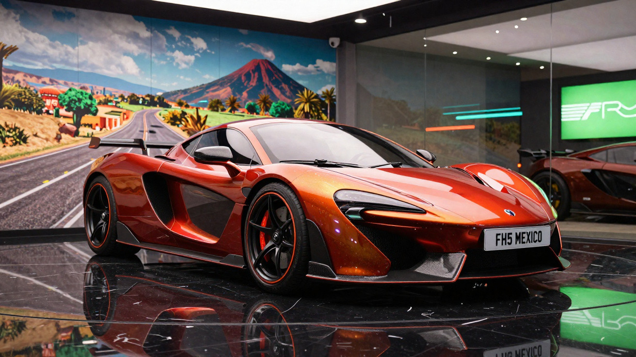 Orange McLaren sports car displayed indoors with a scenic desert mural and a reflective black floor.