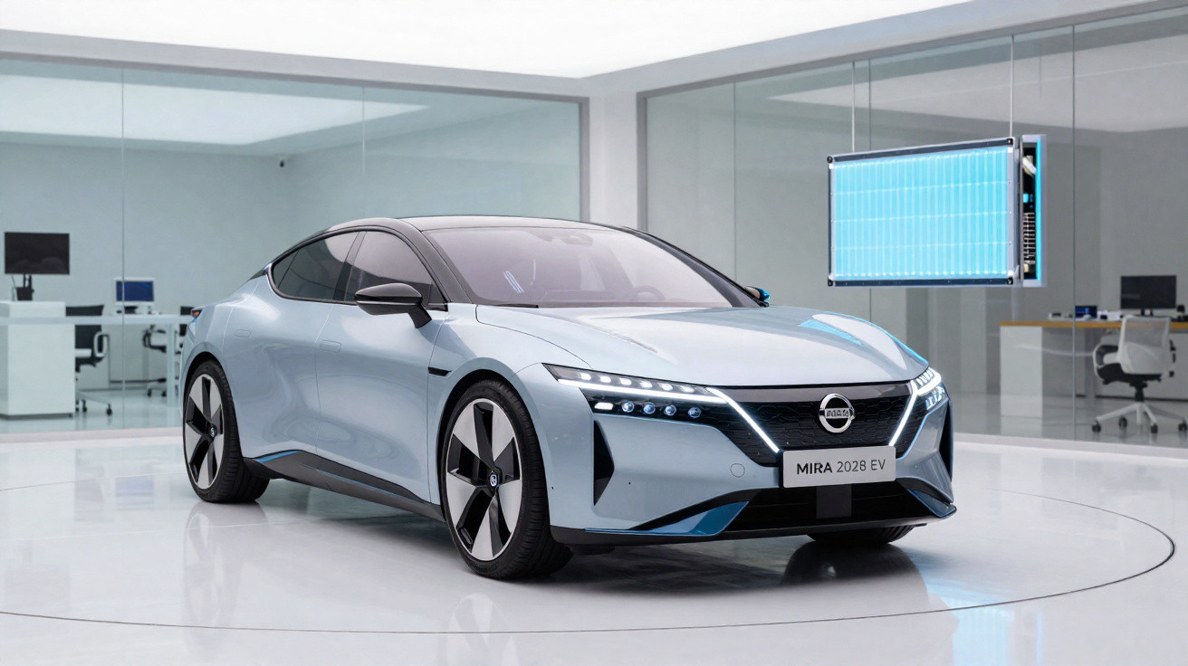 Silver Nissan Mira 2028 EV electric car displayed in a modern showroom with glass walls and digital screen.