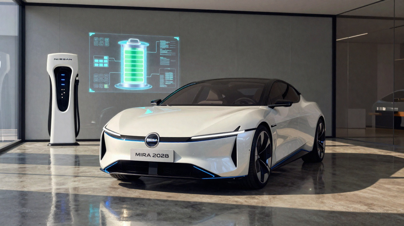 White futuristic Nissan Mira 2028 electric car parked indoors next to a charging station and battery graphic.