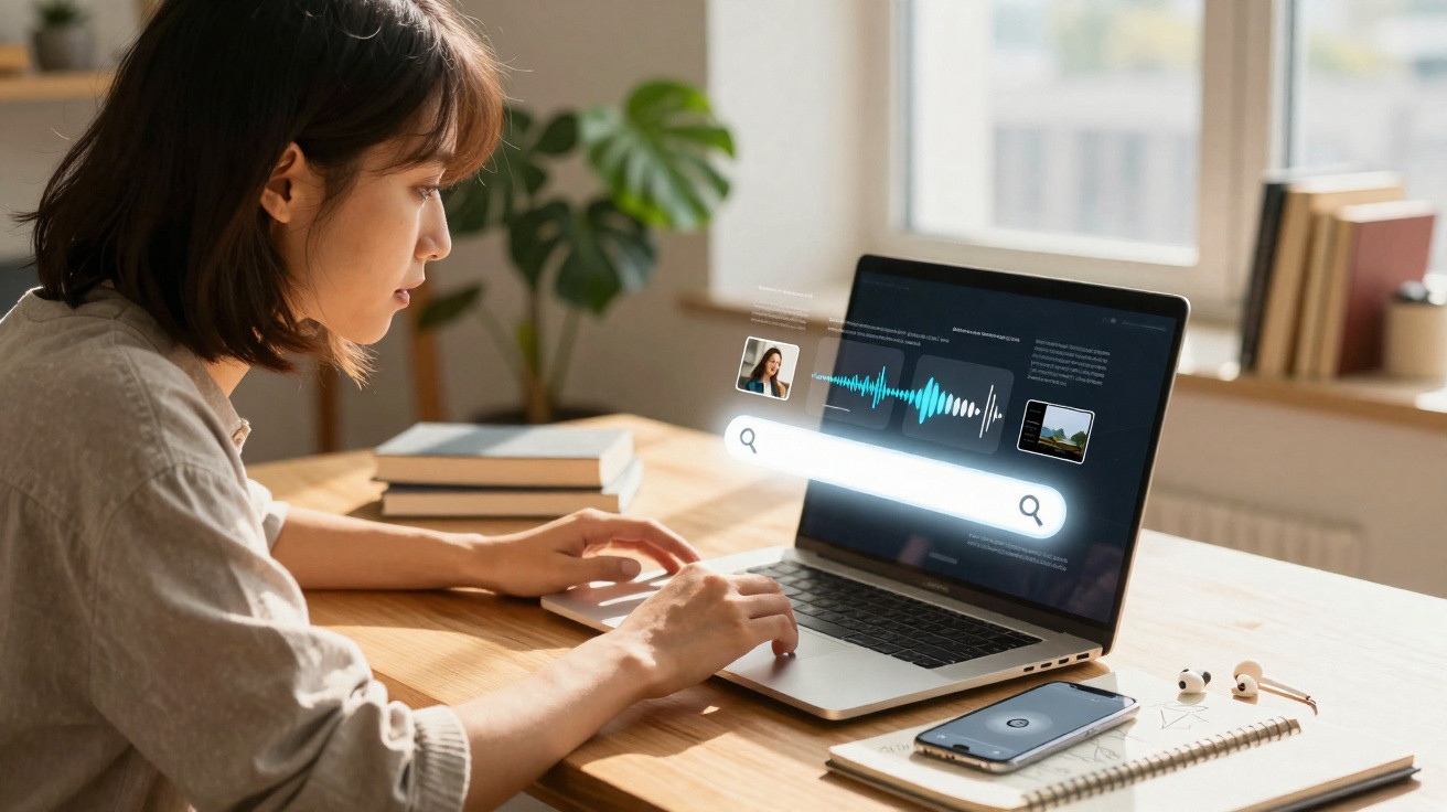 Woman using laptop with holographic voice search and media icons at wooden desk by window