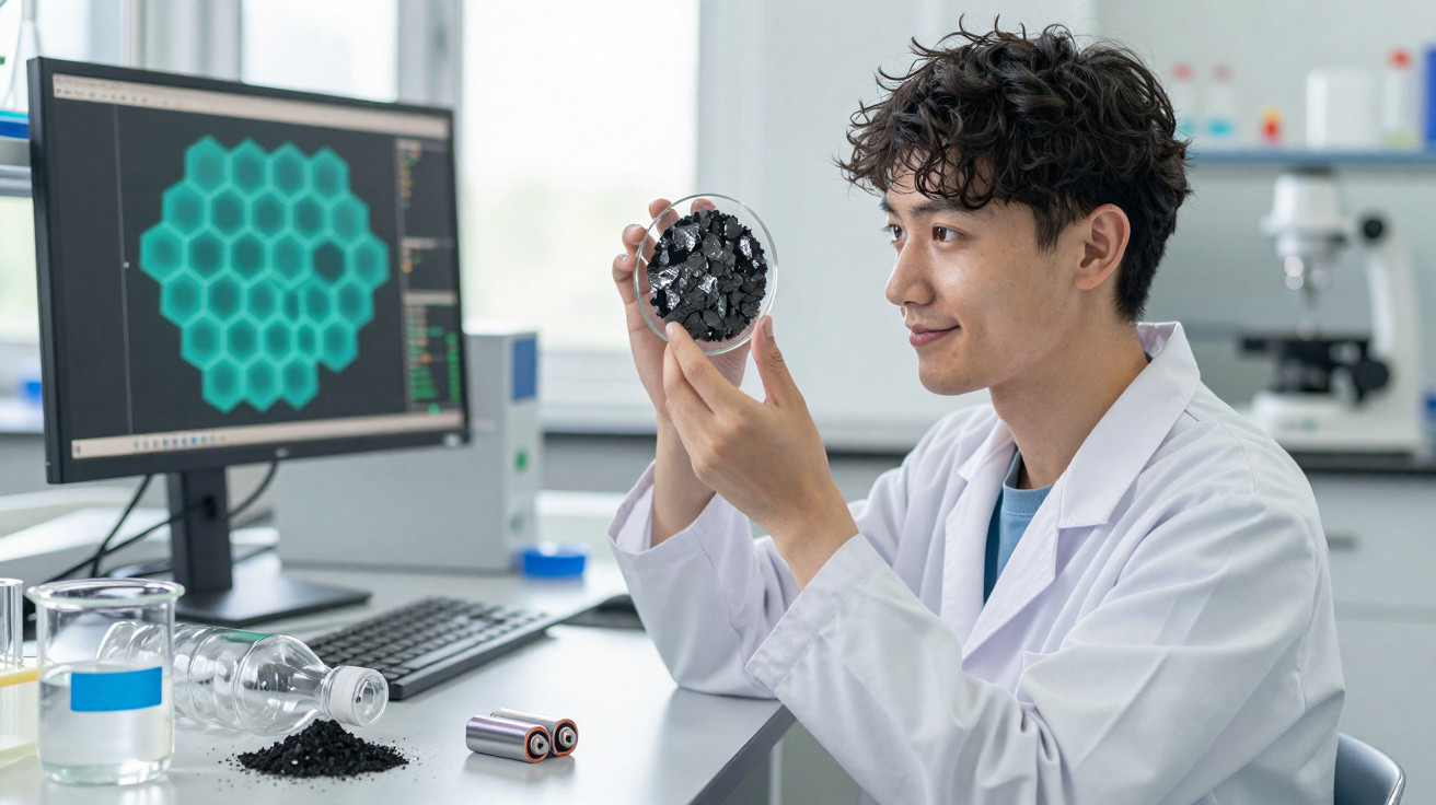 Scientist in white coat examining black material in petri dish with computer display and batteries on lab table.