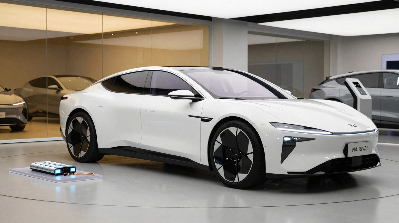 White futuristic electric car displayed indoors with sleek design and black wheel accents.