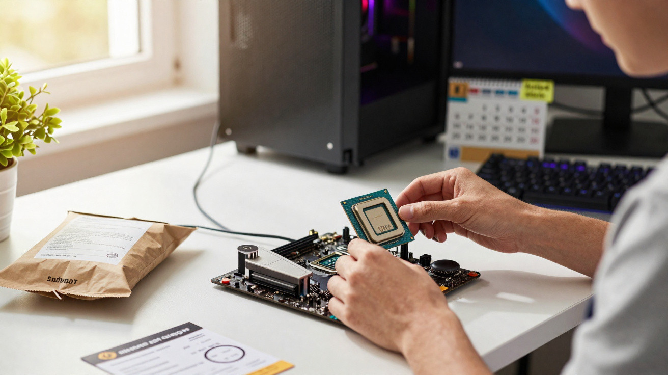 Person installing a CPU onto a motherboard on a desk with a window, plant, and computer in the background.