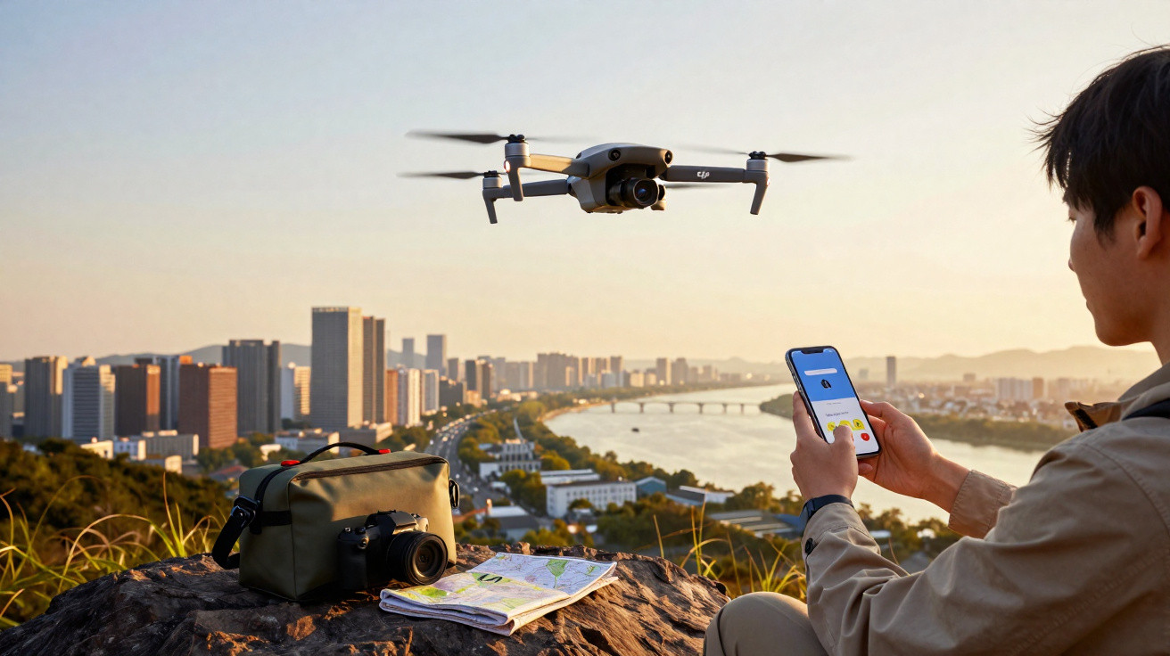 Person controlling a flying drone over a cityscape with a camera bag and map on a rock at sunset.