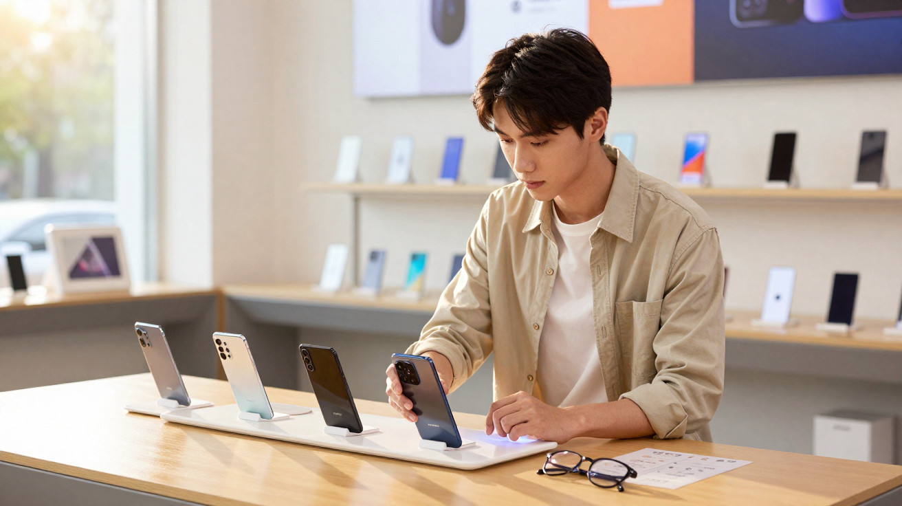 Man examining a smartphone on display in a tech store with several phones on stands on a wooden table.