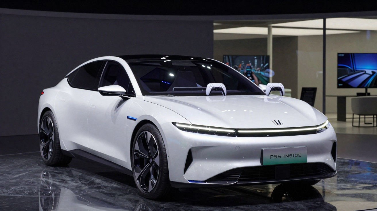 White sleek electric car with black roof and side mirrors displayed indoors with video game controllers on the bonnet