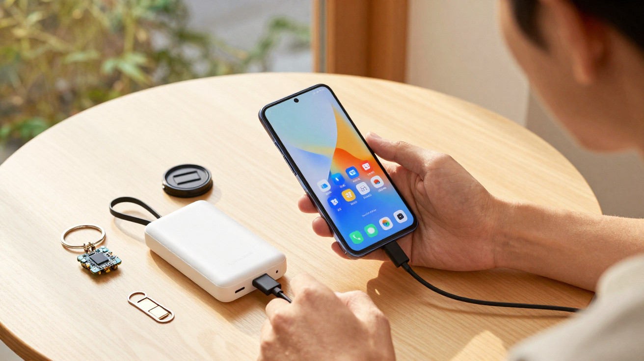Person holding a smartphone connected by cable to a white portable charger on a round wooden table.