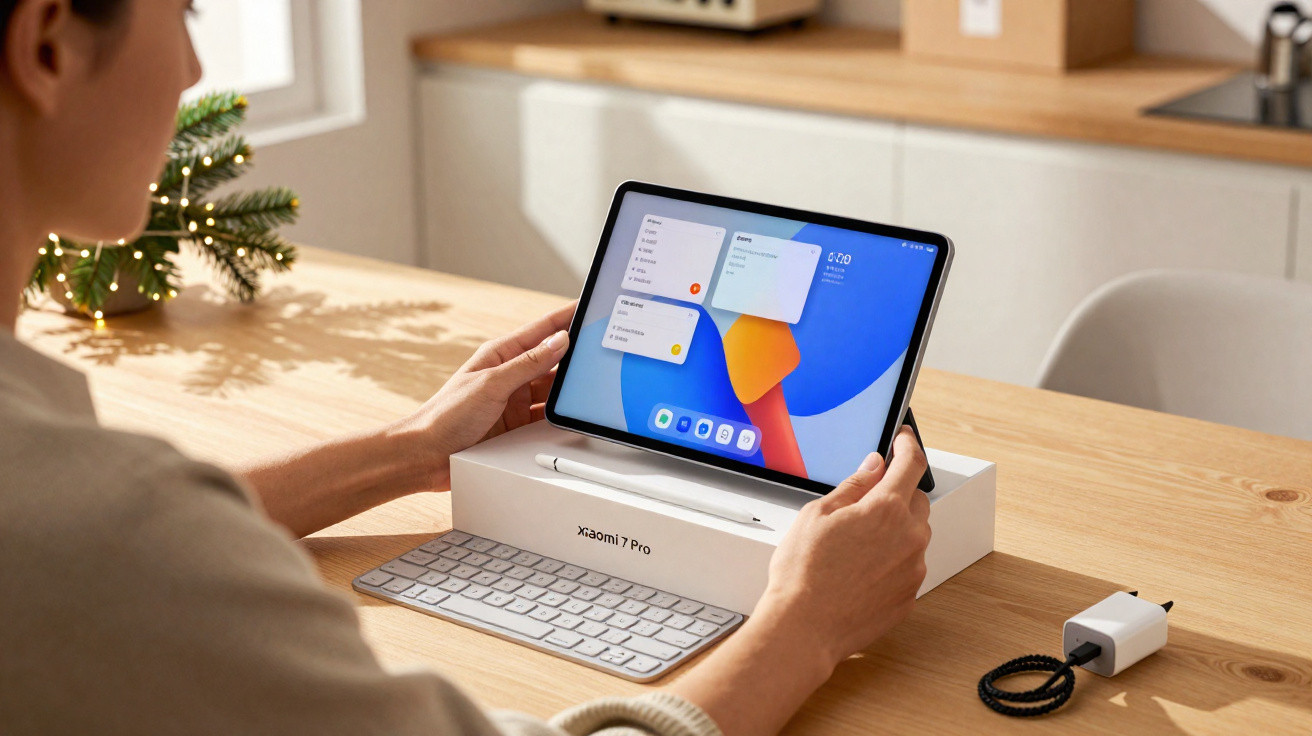 Person holding a Xiaomi 7 Pro tablet on a box with a keyboard and charger on a wooden table.