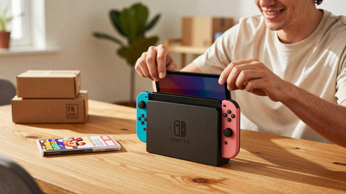 Person inserting a Nintendo Switch console into its dock on a wooden table with game case nearby.