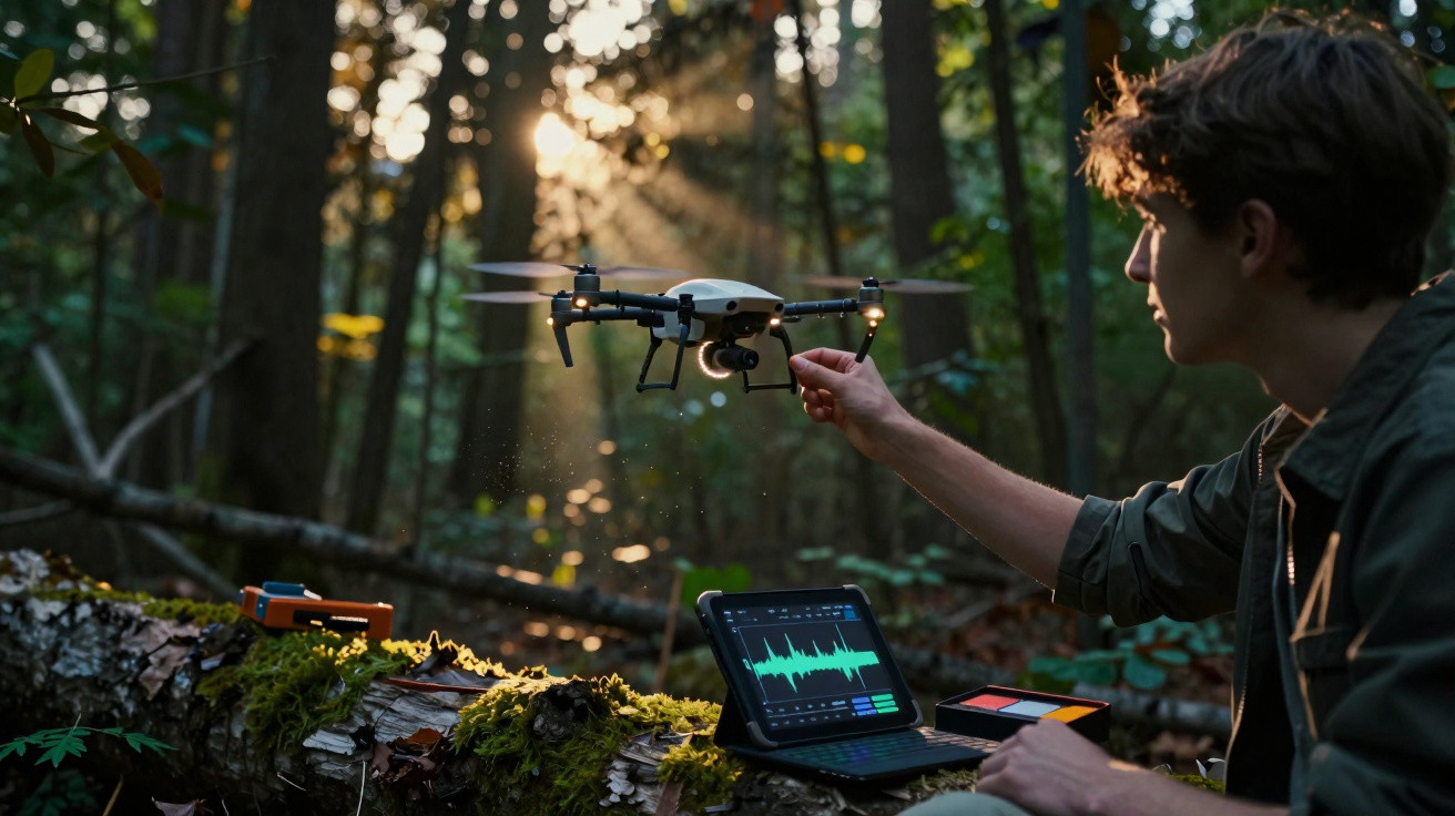 Person operating a drone near a tablet displaying sound waveforms in a sunlit forest.