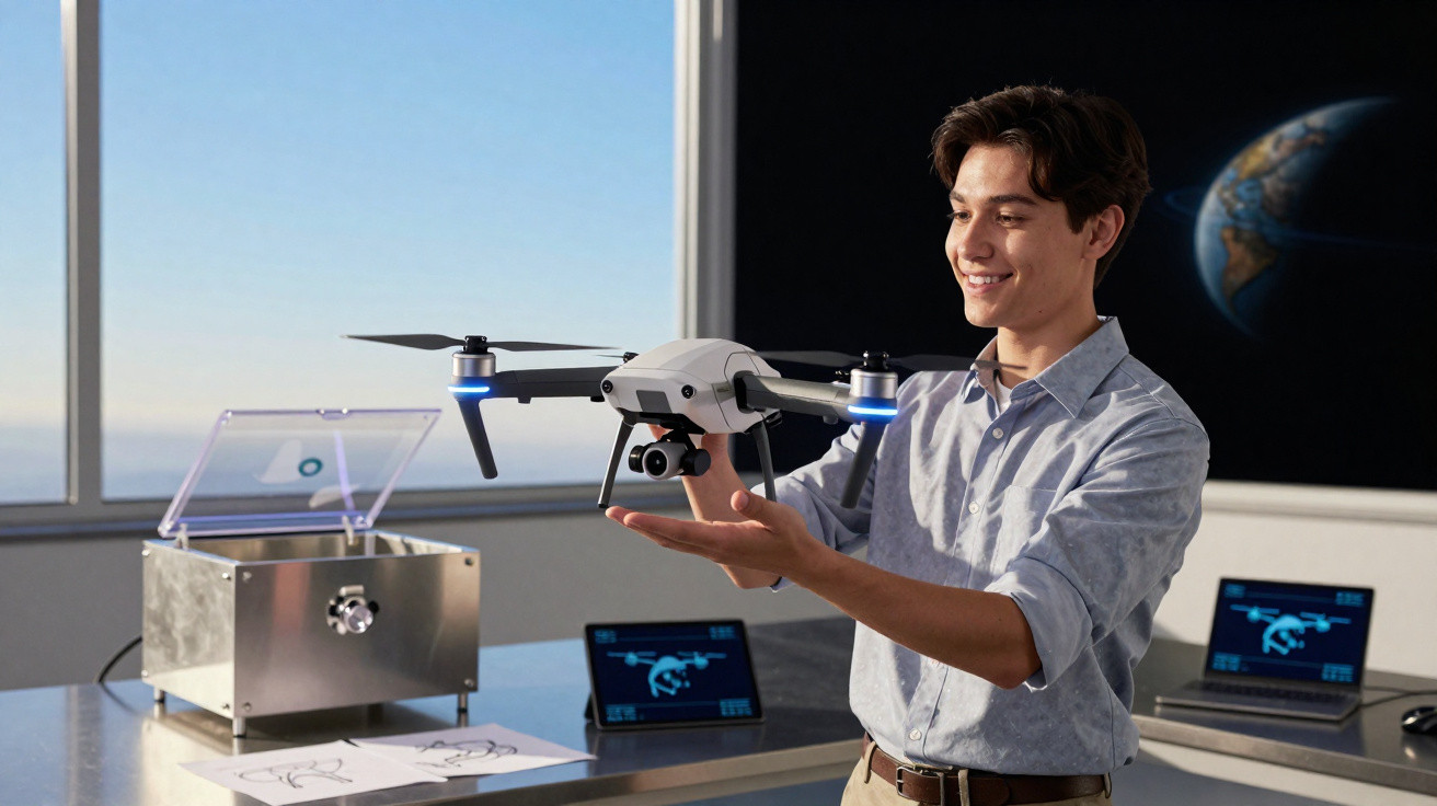 Young man holding a white drone in a modern workspace with laptops and a window in the background