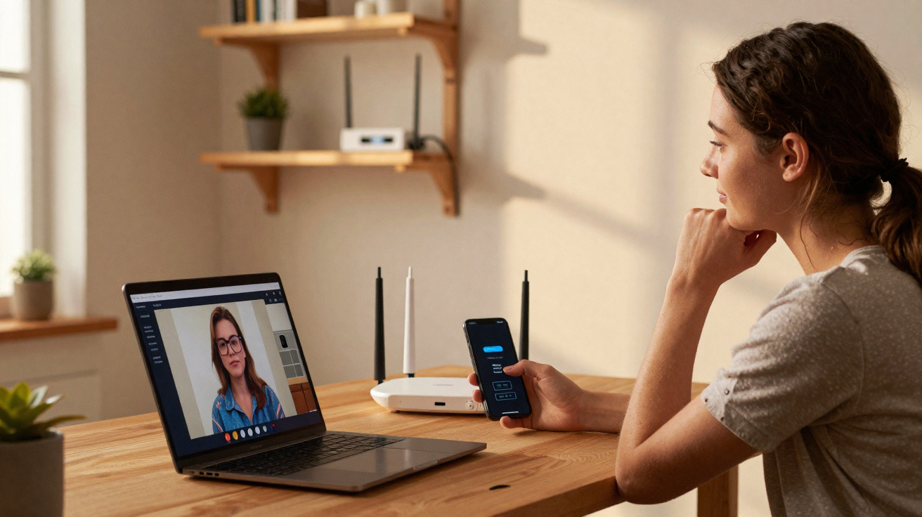 Young woman video calling on laptop while holding smartphone at wooden desk in bright room