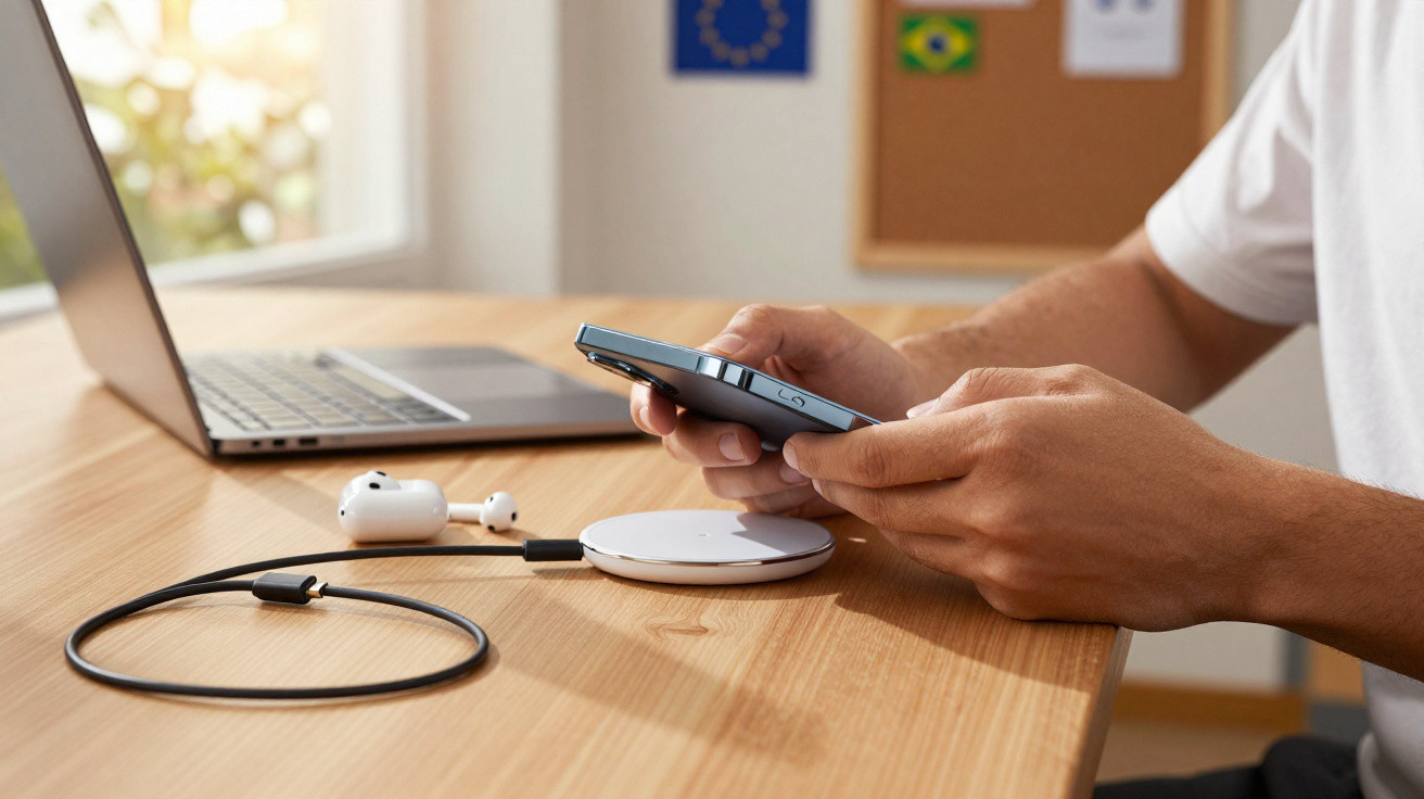 Person holding smartphone near wireless charger, earphones, and open laptop on wooden desk.