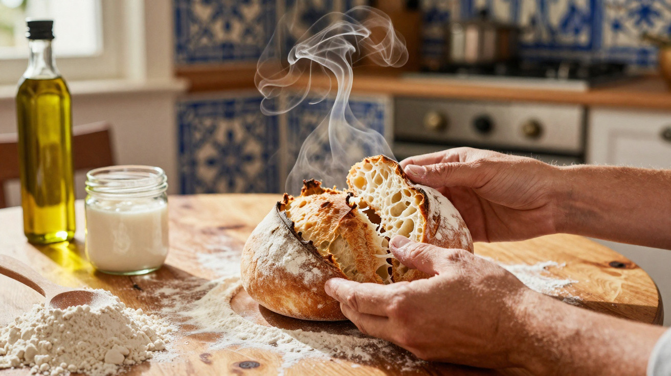 Hands breaking apart freshly baked steaming sourdough bread on a wooden table with flour and oil nearby.