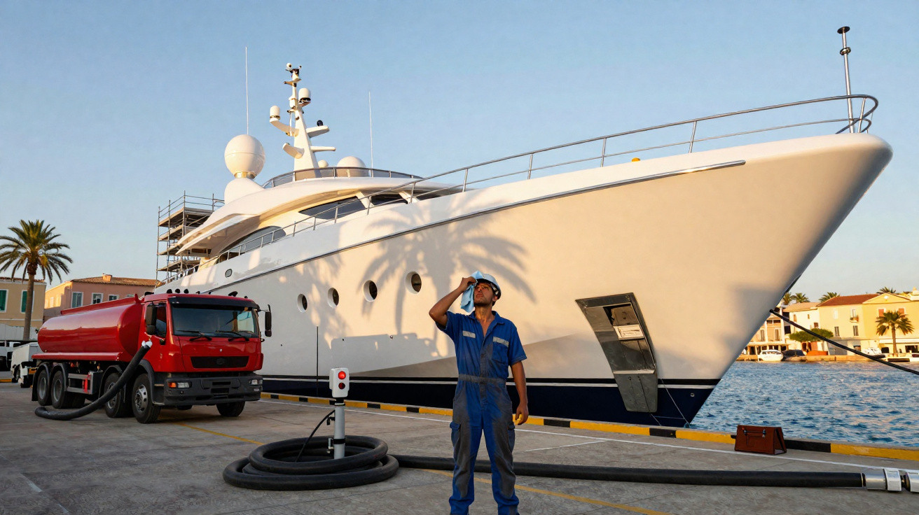 Worker in blue coveralls drinking water beside a red tanker truck and large white yacht docked at harbour.
