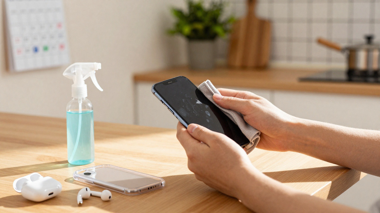 Person cleaning a smartphone screen with a cloth on a wooden table with disinfectant spray and earphones nearby.