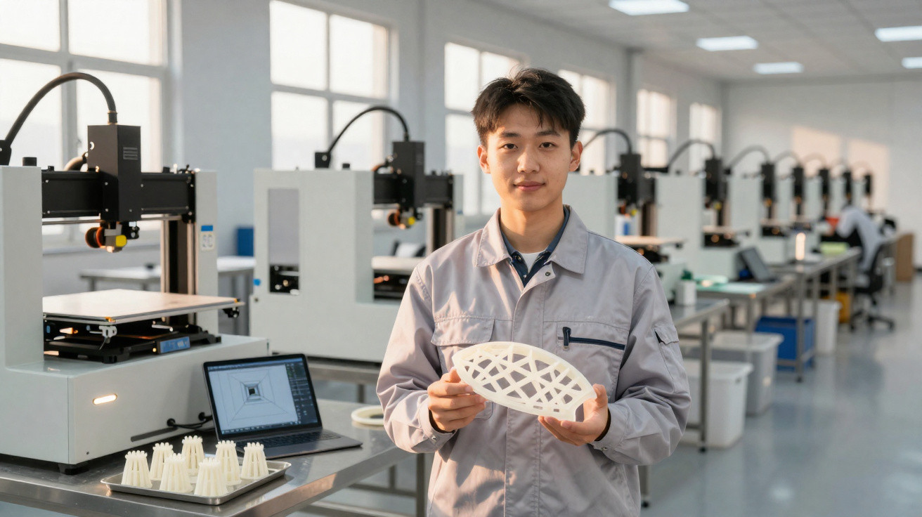 Young man in lab coat holding 3D printed object in a workshop with multiple 3D printers and a laptop.
