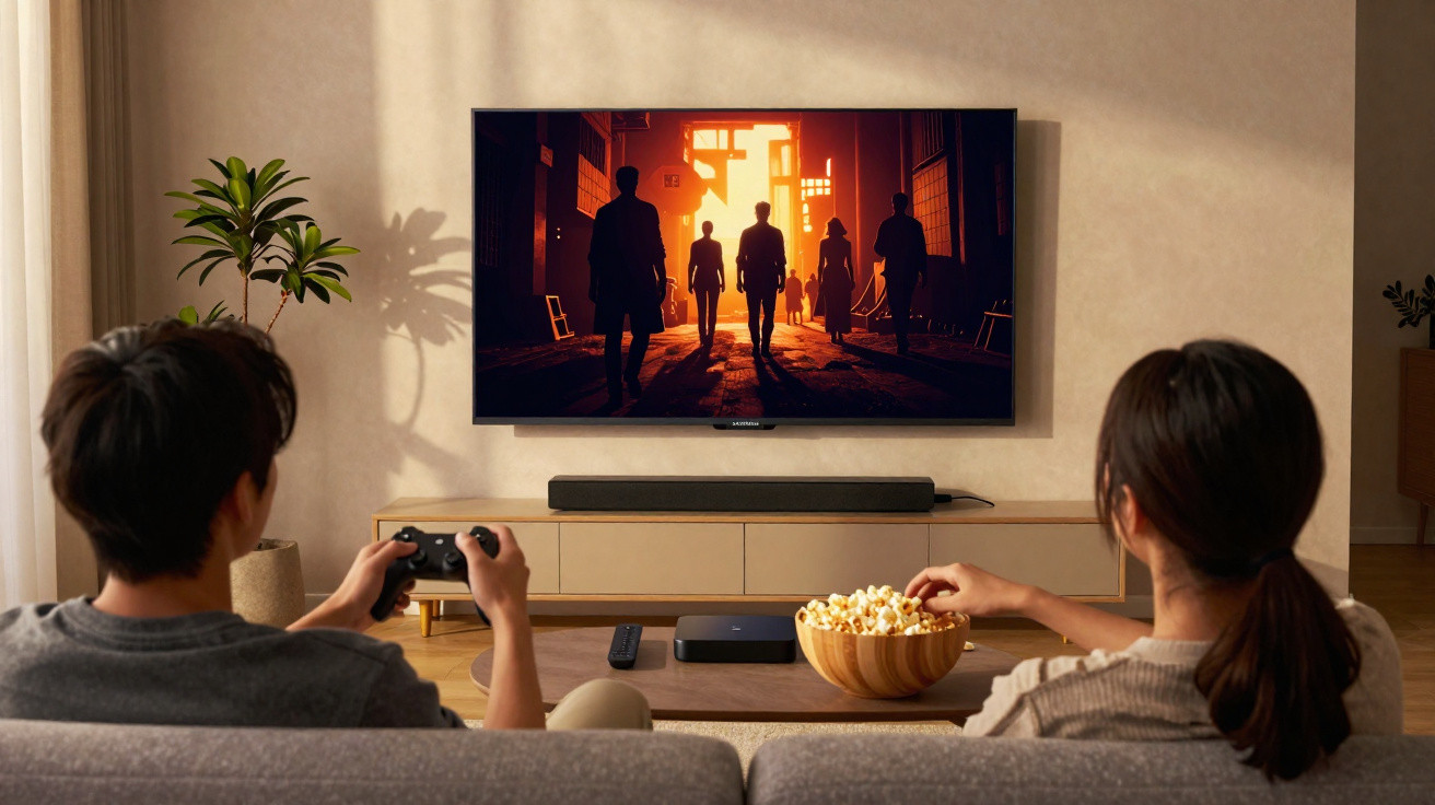 Two people sitting on a sofa playing video games with a wall-mounted TV showing five silhouetted figures.