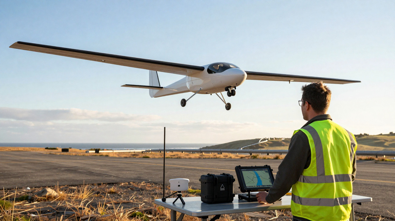 Person in high-visibility vest operating a drone aircraft near a table with control equipment on a runway.
