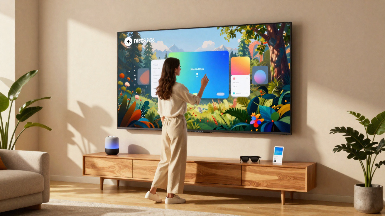 Woman using large interactive wall screen in modern living room with plants and wooden furniture.