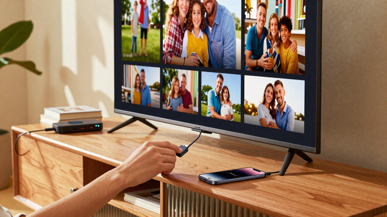 Hand plugging USB cable from smartphone into TV displaying family photo slideshow on wooden media unit.