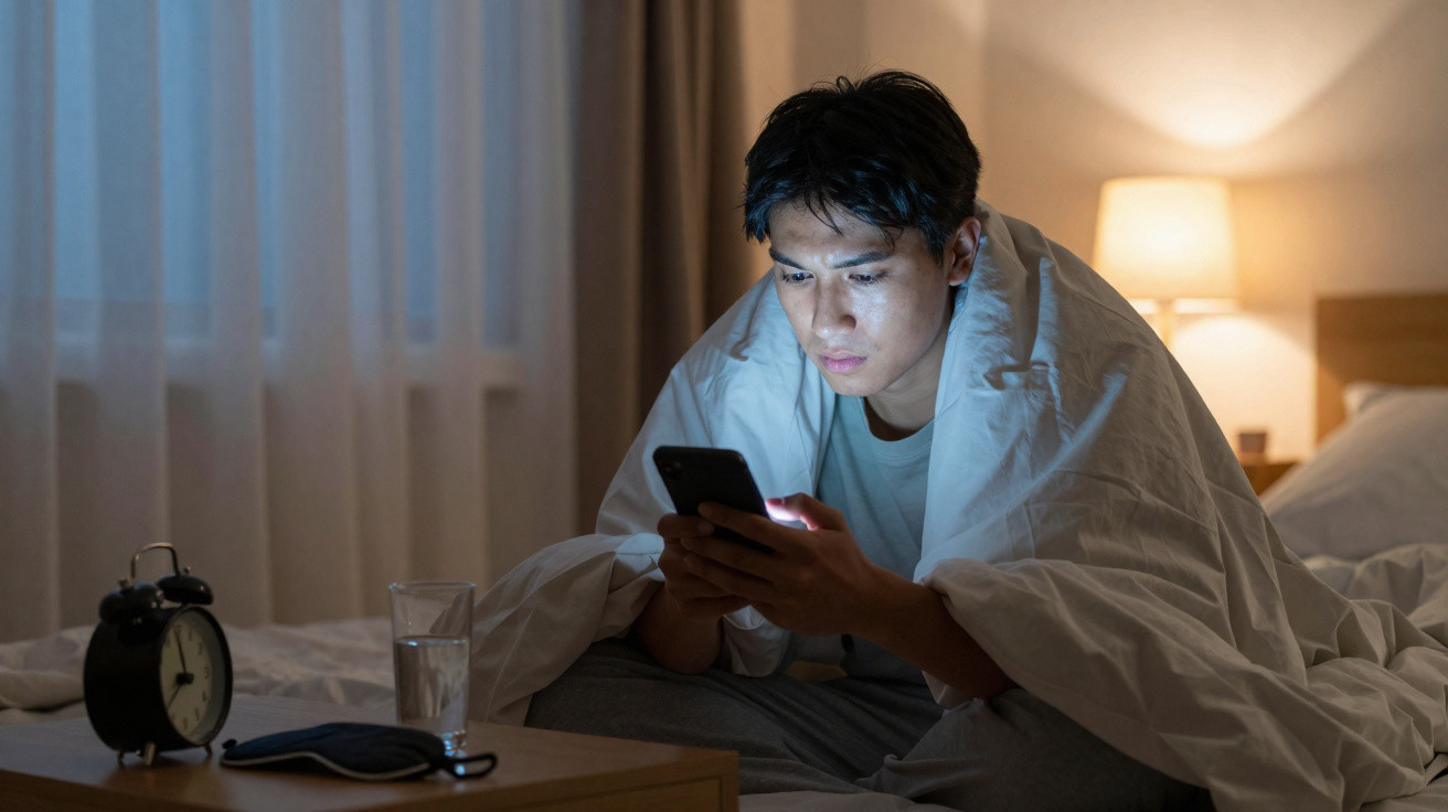 Young man wrapped in a blanket sitting on bed at night, focused on his phone with bedside lamp on.