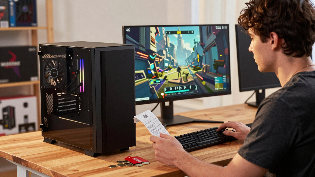Young man sitting at desk using desktop PC with open-case tower, holding receipt and playing video game on widescreen monitor