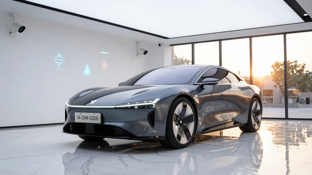 Sleek grey electric sports car displayed in a modern showroom with large windows and marble flooring.